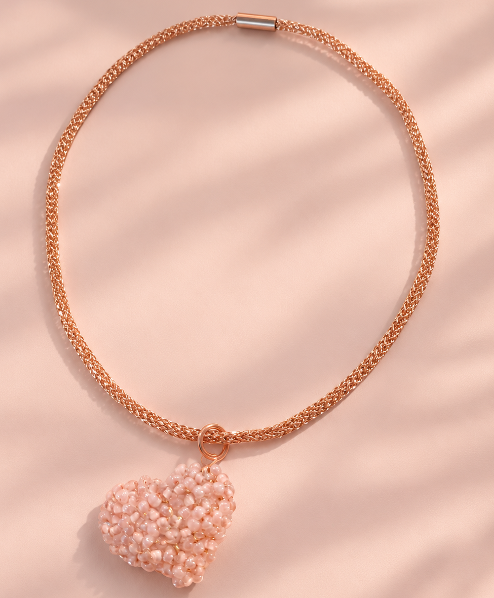 A rose gold chain necklace with a textured, beaded light pink heart pendant, displayed on a soft pink background with leaf shadows.