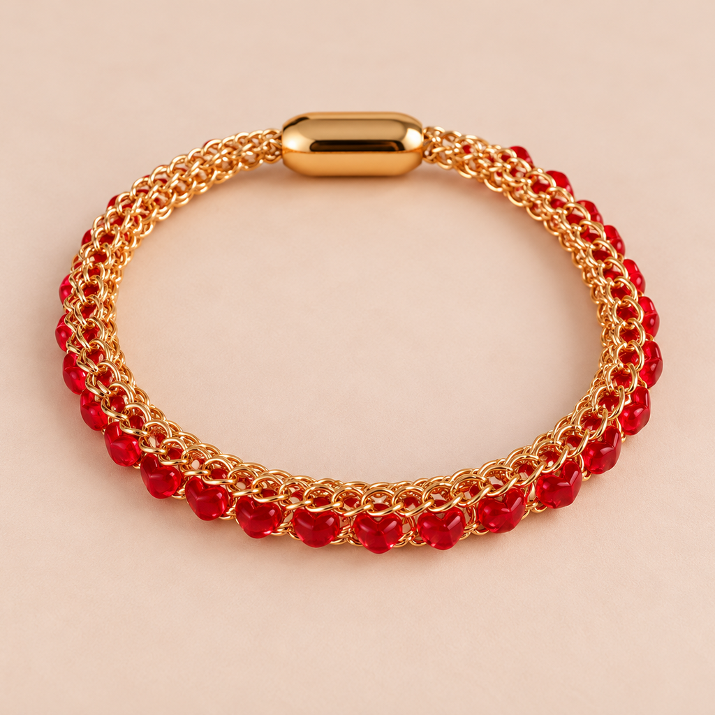 A gold-plated chain bracelet featuring a row of faceted red heart-shaped beads, secured with a polished gold capsule clasp, set against a solid light beige background.